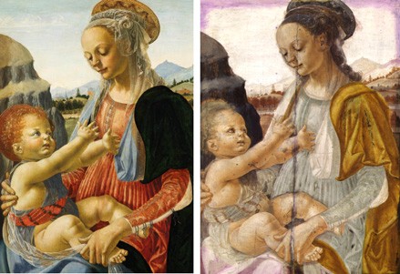(Left) Detail of Andrea del Verrocchio’s Madonna and Child (c. 1465/1470, Staatliche Museen zu Berlin, Gemäldegalerie, © bpk Bildagentur / Staatliche Museen, Berlin / Jörg P. Anders./ Art Resource, NY). (Right) The false-color composite image of the painting obtained with the Gallery’s infrared reflectance imaging camera.