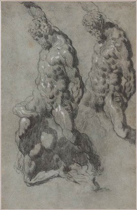 Tintoretto(?) and Workshop, Study of Michelangelo's Samson and the Philistines (recto and verso), c. 1560–1570, charcoal and black chalk with white opaque watercolor on blue paper, The Morgan Library & Museum, New York. Thaw Collection