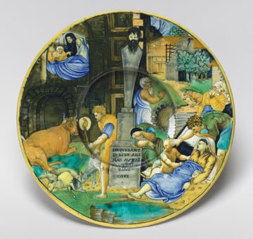 Urbino (?), "Plate with the Plague of Phrygia (after Raphael)", c. 1535/540 tin-glazed earthenware (maiolica). National Gallery of Art, Washington, Corcoran Collection (William A. Clark Collection)