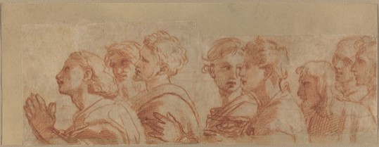 Raphael, "Eight Apostles", c. 1514 red chalk over stylus underdrawing and traces of leadpoint on laid paper, cut in two pieces and rejoined; laid down. National Gallery of Art, Washington, Woodner Collection