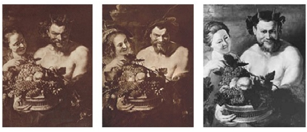 Left: Peter Paul Rubens (?), Satyr and a Maiden, c. 1612, probably original version (or direct copy after), Gemäldegalerie Alte Meister, Dresden; collotype, photograph F. Bruckmann A.G., Munich. Center: Copy after Peter Paul Rubens (?), Satyr and a Maiden, after c. 1612 (note changes in maiden's hair and costume, the Satyr's facial expression, and the addition of hats), Mauritshuis, The Hague; collotype. Right: Copy after Peter Paul Rubens (?), Satyr and a Maiden, twentieth century, modern interpretation, location unknown; silver gelatin print