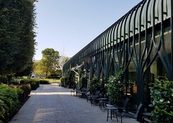 View of the front patio of the Pavilion Café in the Sculpture Garden with tables, chairs, and green trees, shrubs, and plants