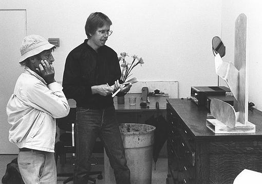 Isamu Noguchi and Peter Carlson discussing Zazen (37.24) in Gemini's artist studio, 1983