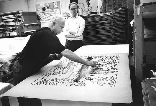 Ellsworth Kelly (left) and Mark Rosenthal at Gemini; Ellsworth canceling a print from the Portrait Series, February 1990