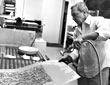 Jasper Johns deleting imagery from a lithography plate for <i>Cicada</i> (26.102), November 1981