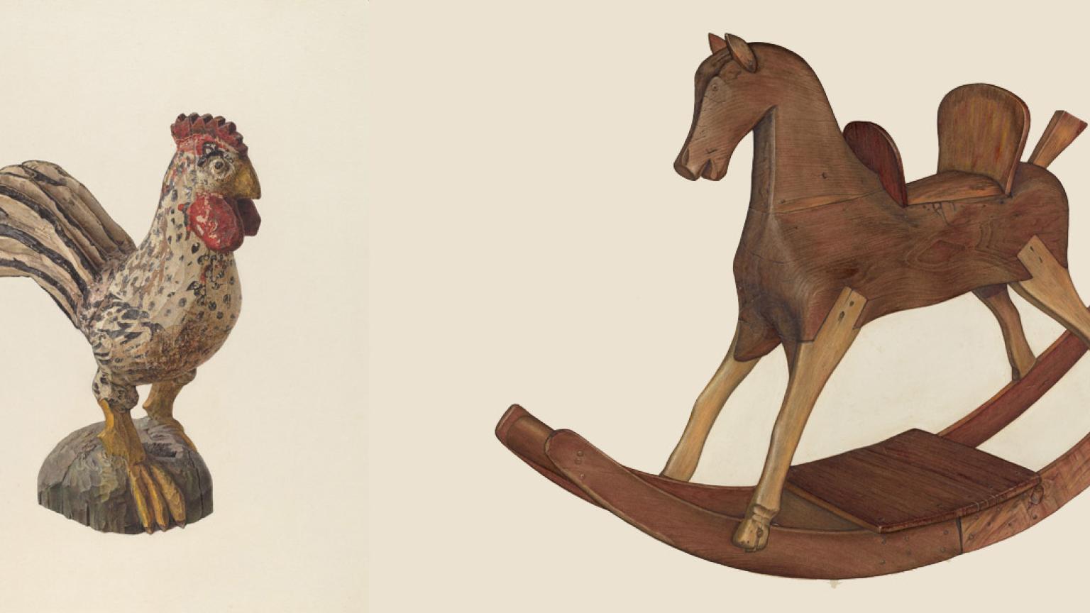 A rooster woodcarving and a wooden rocking horse.