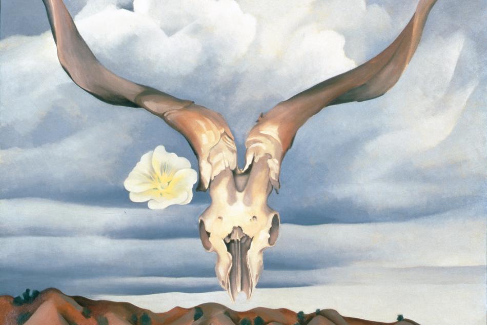 A ram's skull with a flower, a cloudy sky, and mountains in the background.