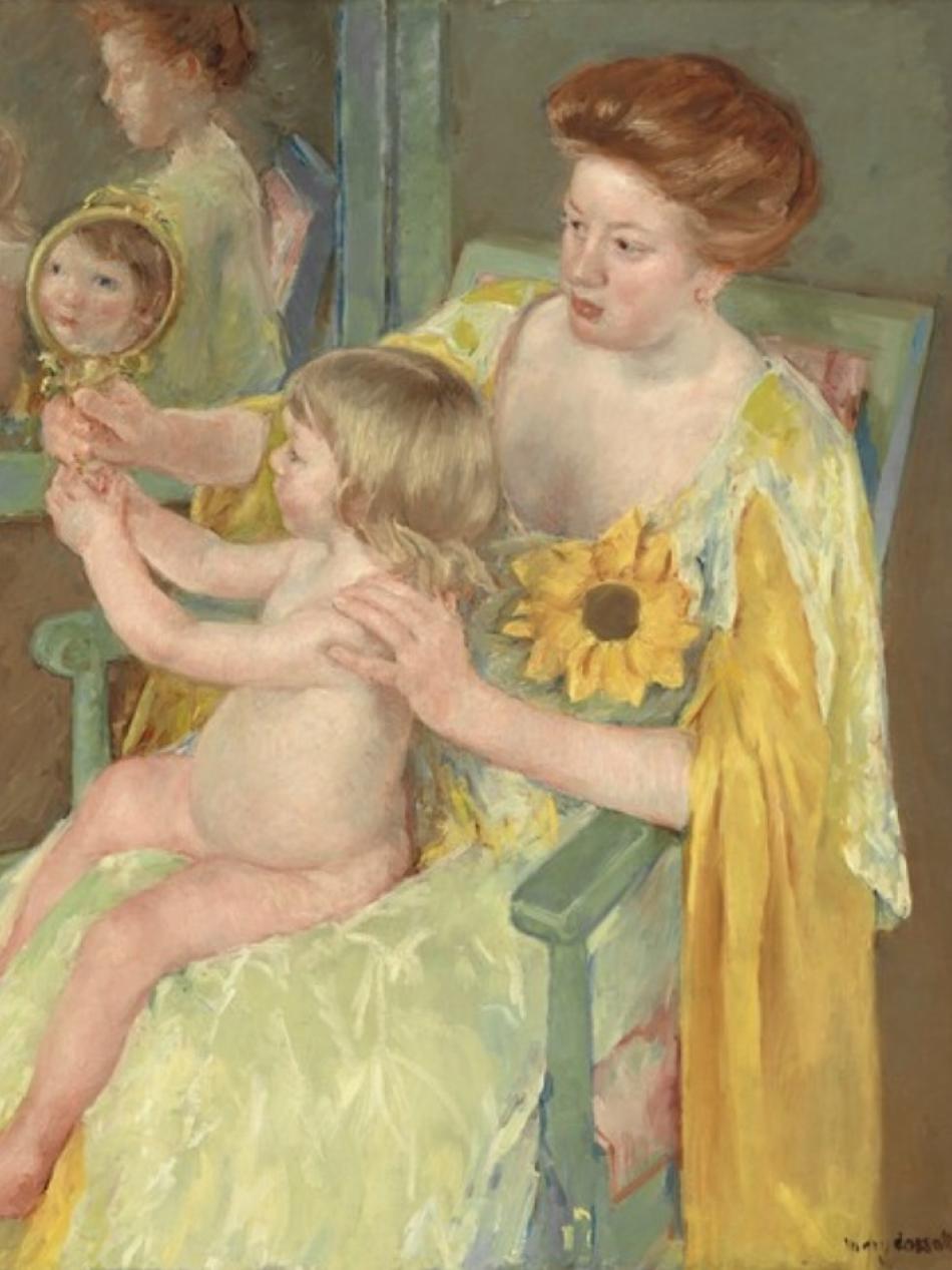 A young child sits on her mother's lap in this painting. She can see her face in a handheld mirror.