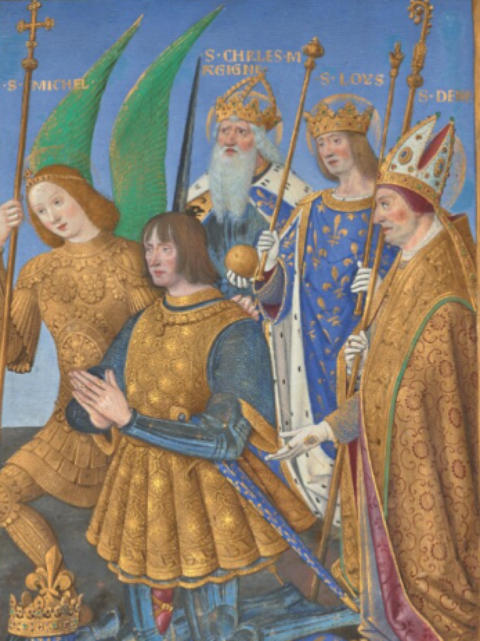 A kneeling armored man in gold and blue is surrounded by five standing figures in elaborate robes and crowns, including a winged figure and three with halos and staffs, against a blue background.
