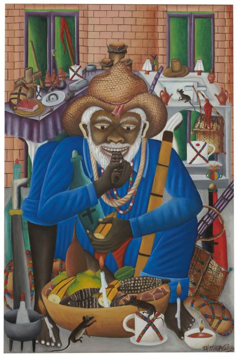A man with dark brown skin crouches around a large wooden bowl, filled with fruits. He wears a cobalt blue shirt and pants, and a brown woven wide-brimmed hat. He has a white beard, hair, and eyebrows. He looks down at a piece of fruit or food he is putting in his mouth with one hand. In his other hand he holds a cut banana. Candles rest in front of the bowl. Two mice are scaling the side to enter it. Behind the man is a birck building with green windows, and various small objects like a cross, pitchers.