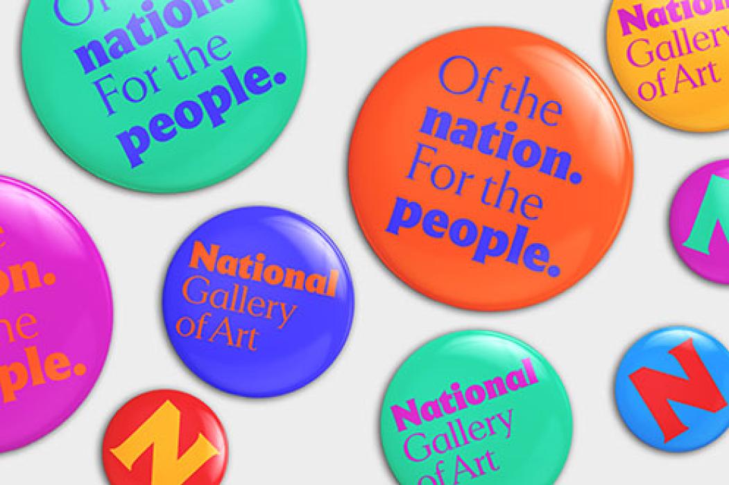 National Gallery of Art buttons with our N logo, of the nation, for all the people vision statement logo, and name logo