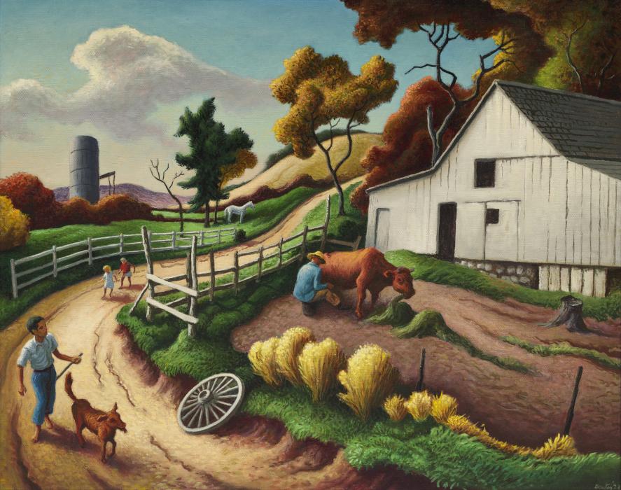 A painting shows a white barn to the right of a road curving on the left. A barefoot boy with dark hair and a brown dog walks in the road. Two more children walk in the road further in the distance. A man sits on a stool milking a brown cow outside the barn. He wears a blue shirt and gold hat and his back is towards us.