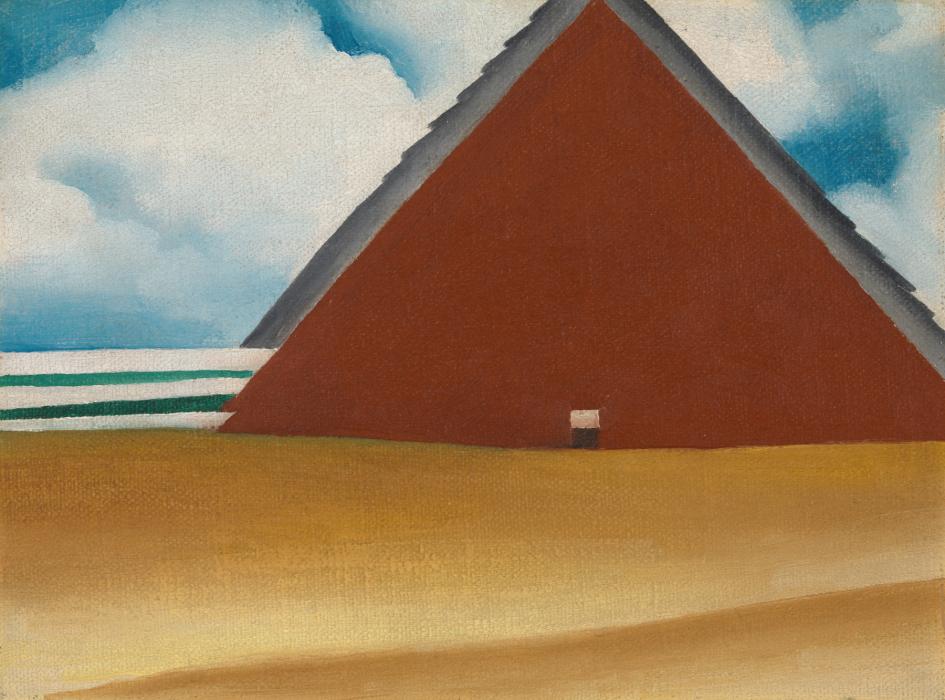 A deep brick red triangle fills the right half of a painting. Behind it is a blue sky with large white clouds. The bottom half of the canvas is filled with an undulating wave of a yellowish gold texture.