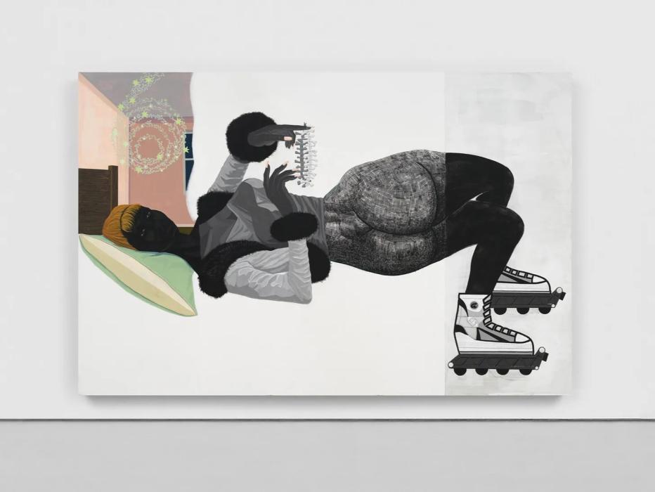 A reclining figure wearing rollerblades