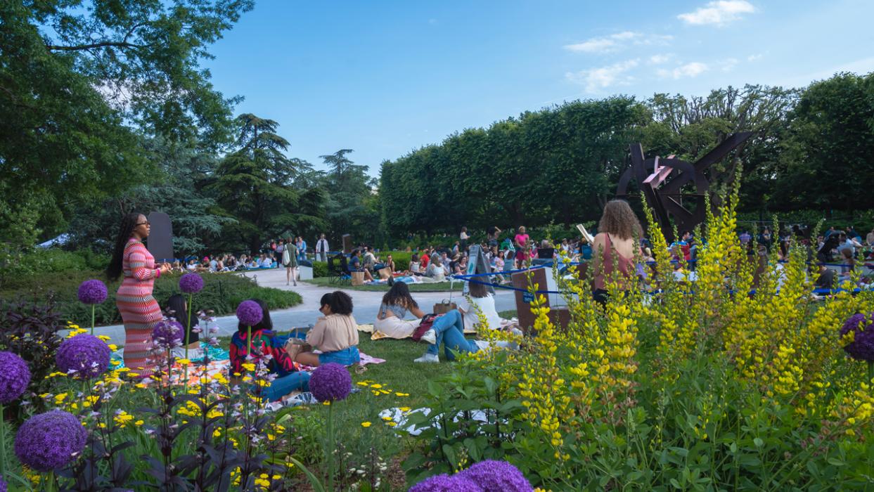 image: Visitors enjoy Jazz in the Garden in the National Gallery of Art Sculpture Garden