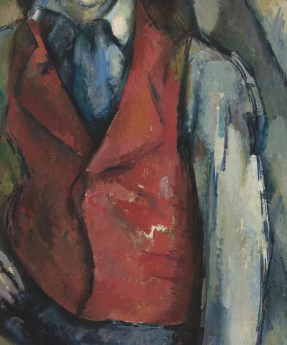 Close up of the red waistcoat in Cezanne's Boy with a Red Waistcoat