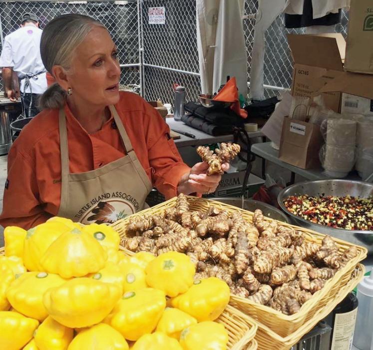 Chef Loretta Barett Oden discussing sunchokes and summer squash at Slow Food USA, Denver, 2017