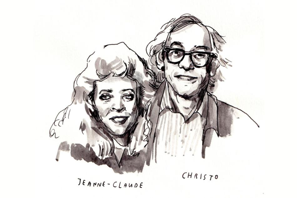Wendy MacNaughton's ink and watercolor illustration of artists Jeanne-Claude and Christo