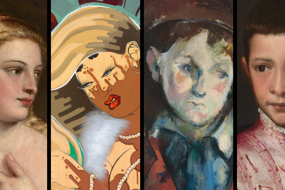 A collage of Titian's Venus with a Mirror, Rozeal's afro.died.T, Cezanne's Boy in a Red Waistcoat, and Titian's Ranuccio Farnese