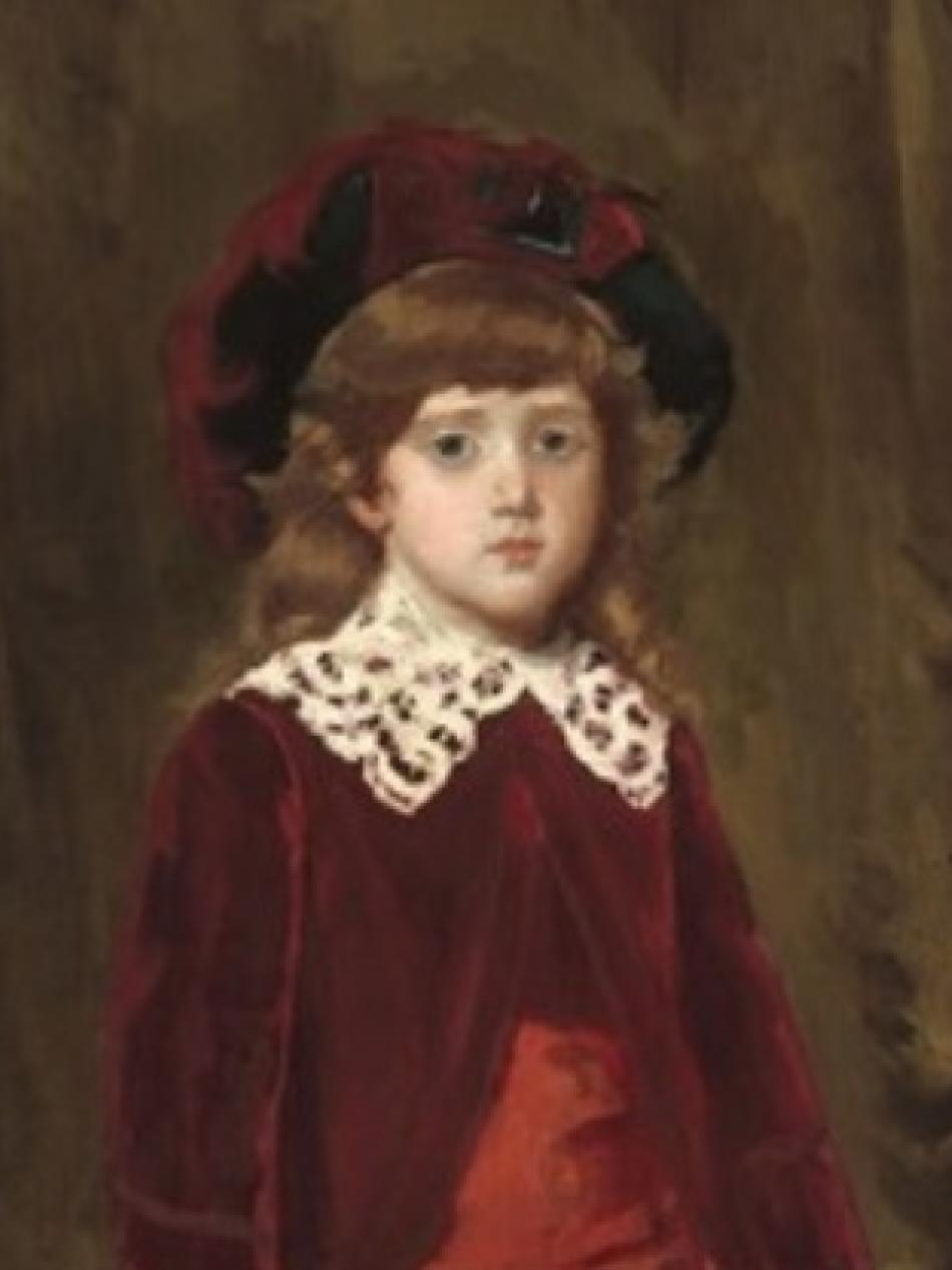 A young person with pale skin looks directly at the veiwer. They are wearing red clothing with a white frilly coller