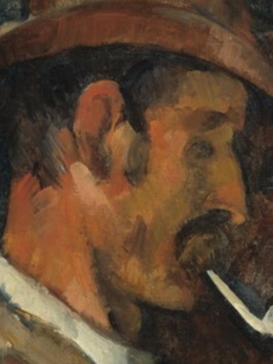 A man with pinkish orange skin looks down and to our right. He is wearing a hat and smoking a pipe.