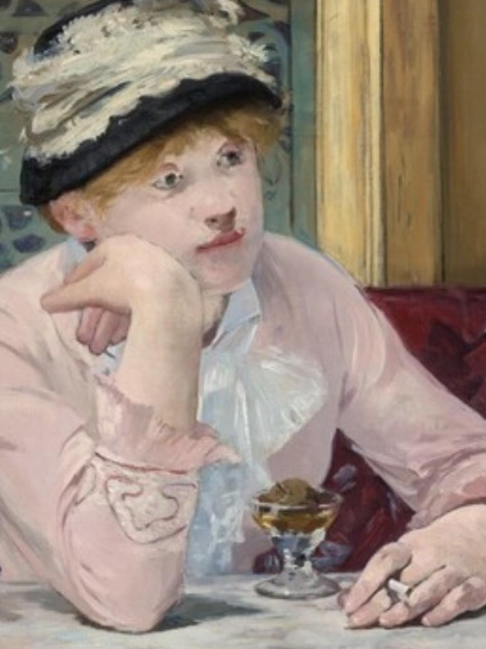 A woman with pink skin and a pink dress sits at a cafe table. She looks up and to our right.
