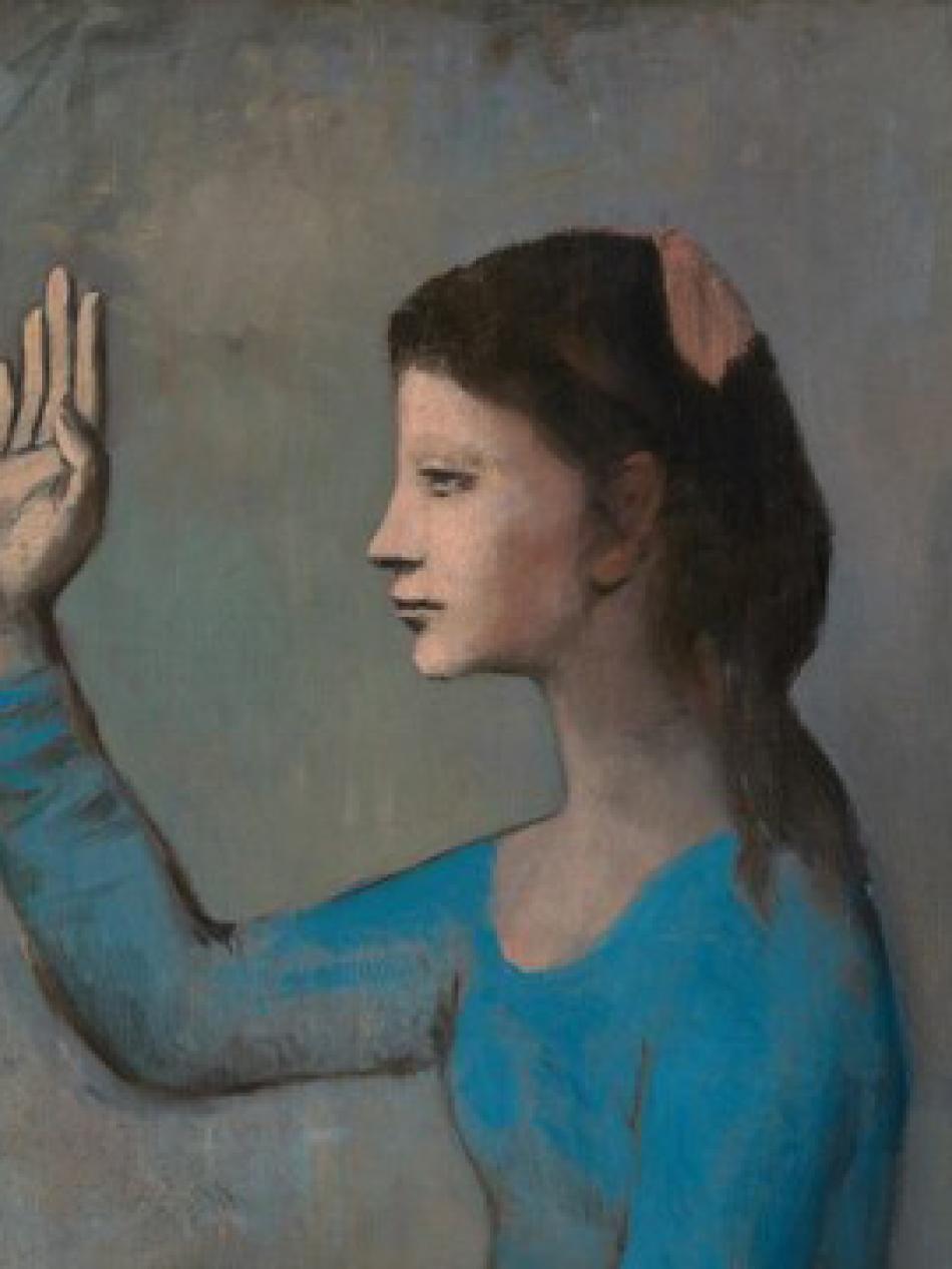 A young woman with pink skin looking to the side and raising her right hand