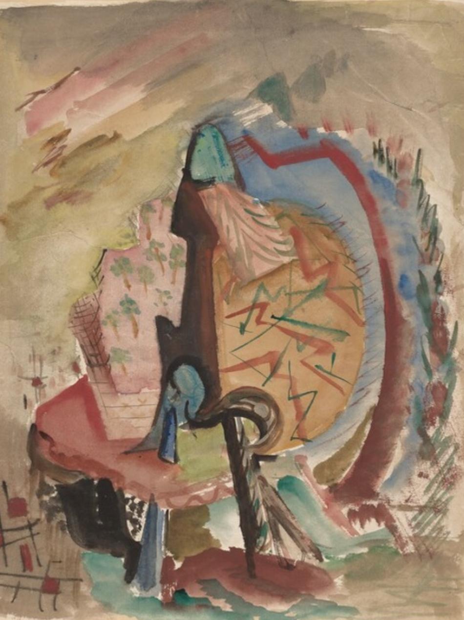 An abstract painting with color fields on a brown canvas.