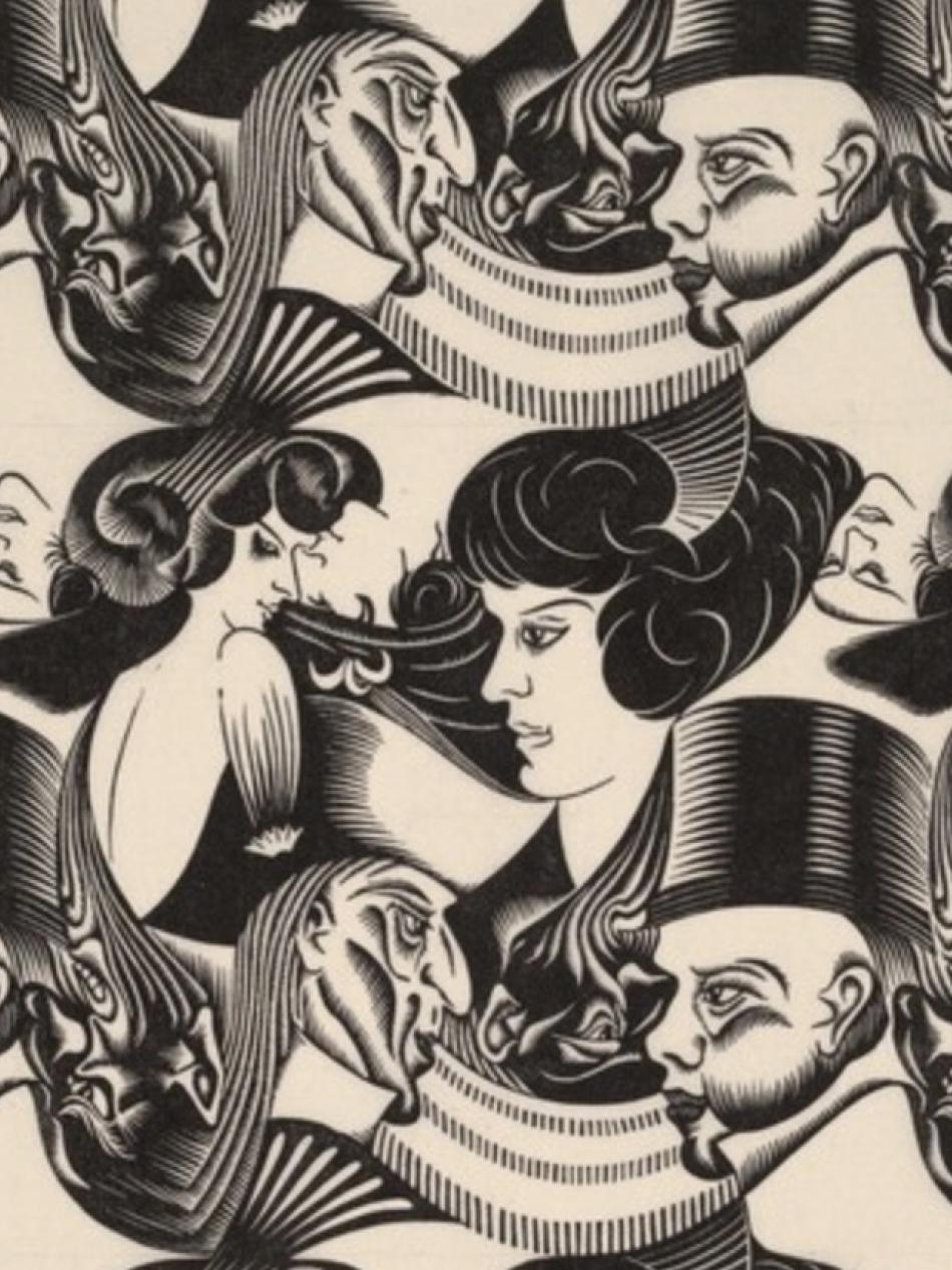 Eight different faces looking to the right and left that are repeated to form a pattern.