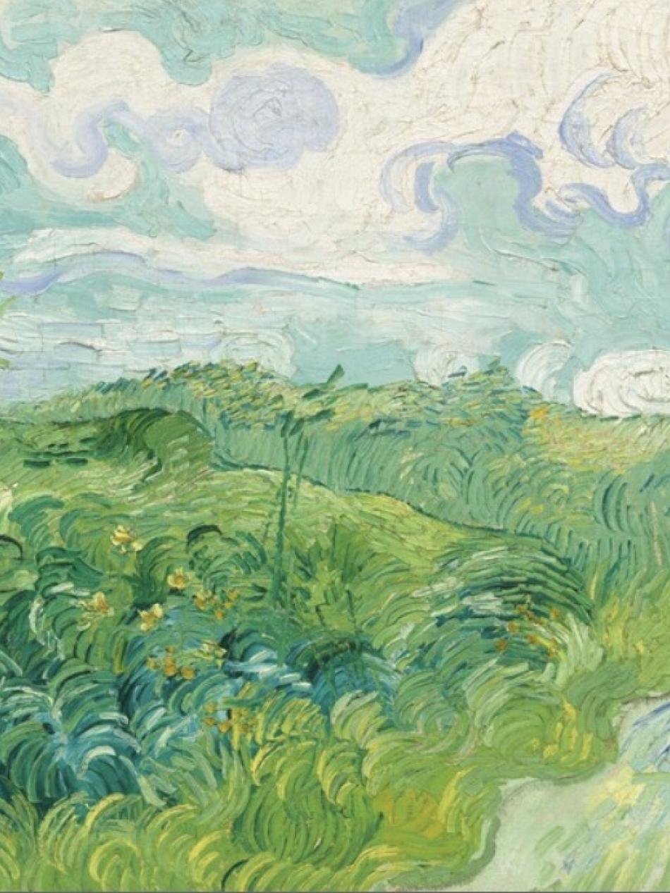 This is a painting of a green field with crops waving in the wind. There are puffy white clouds in the sky and a path along the right side of the painting.