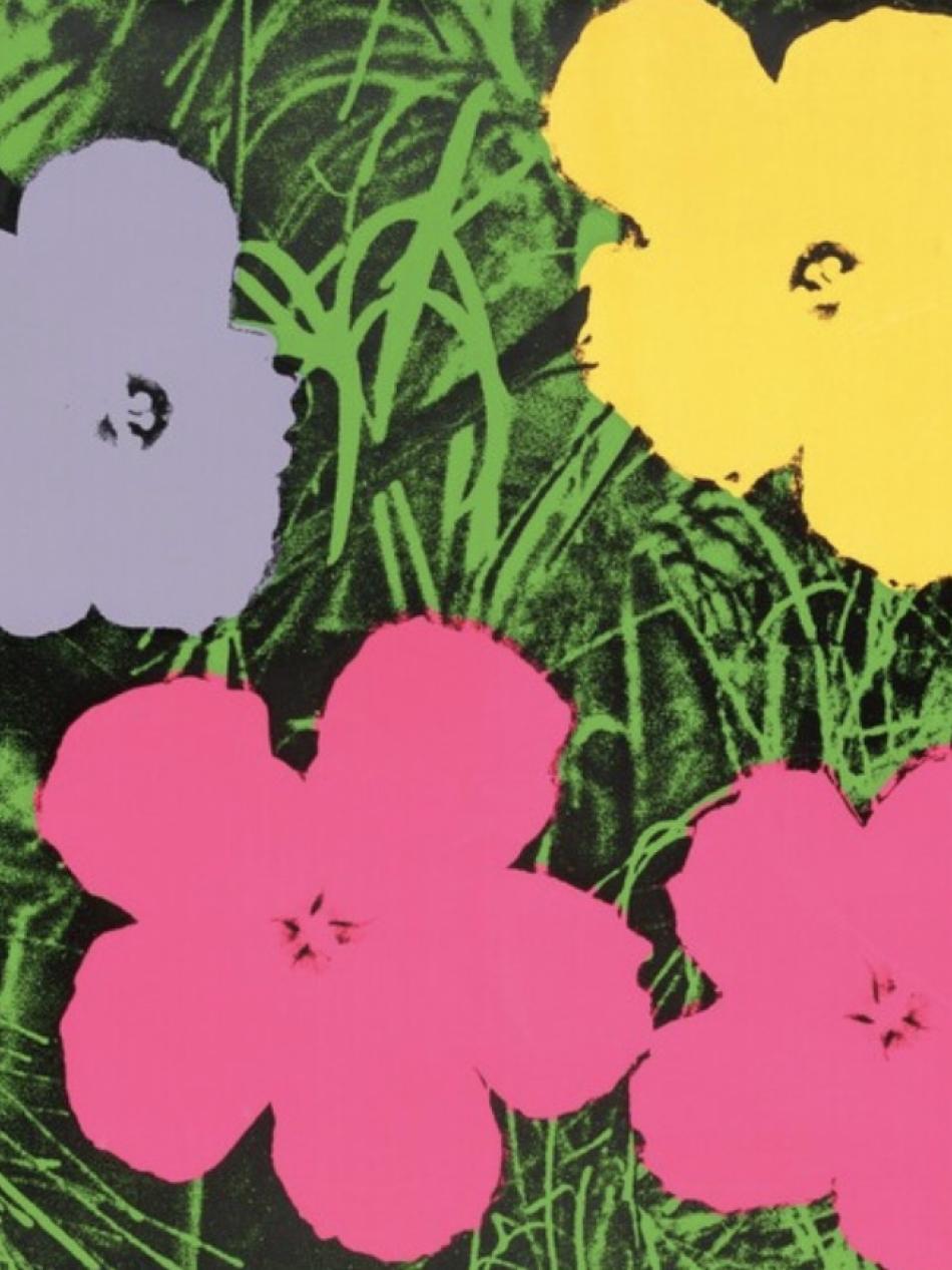 There are four flowers on a green background. One is yellow, one is grey and two are pink.