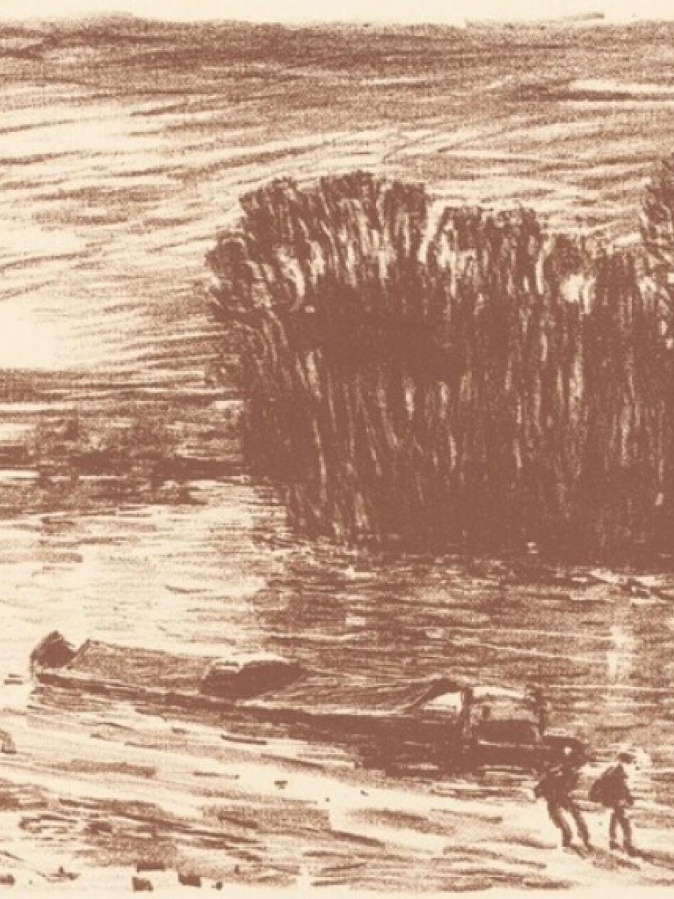 This sepia toned print shows a boat in a river. Two groups of two people each stand in the shallow water.