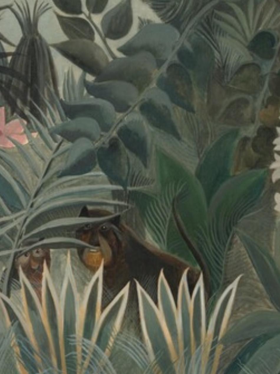 There are two animals obscured by plants in this jungle scene.