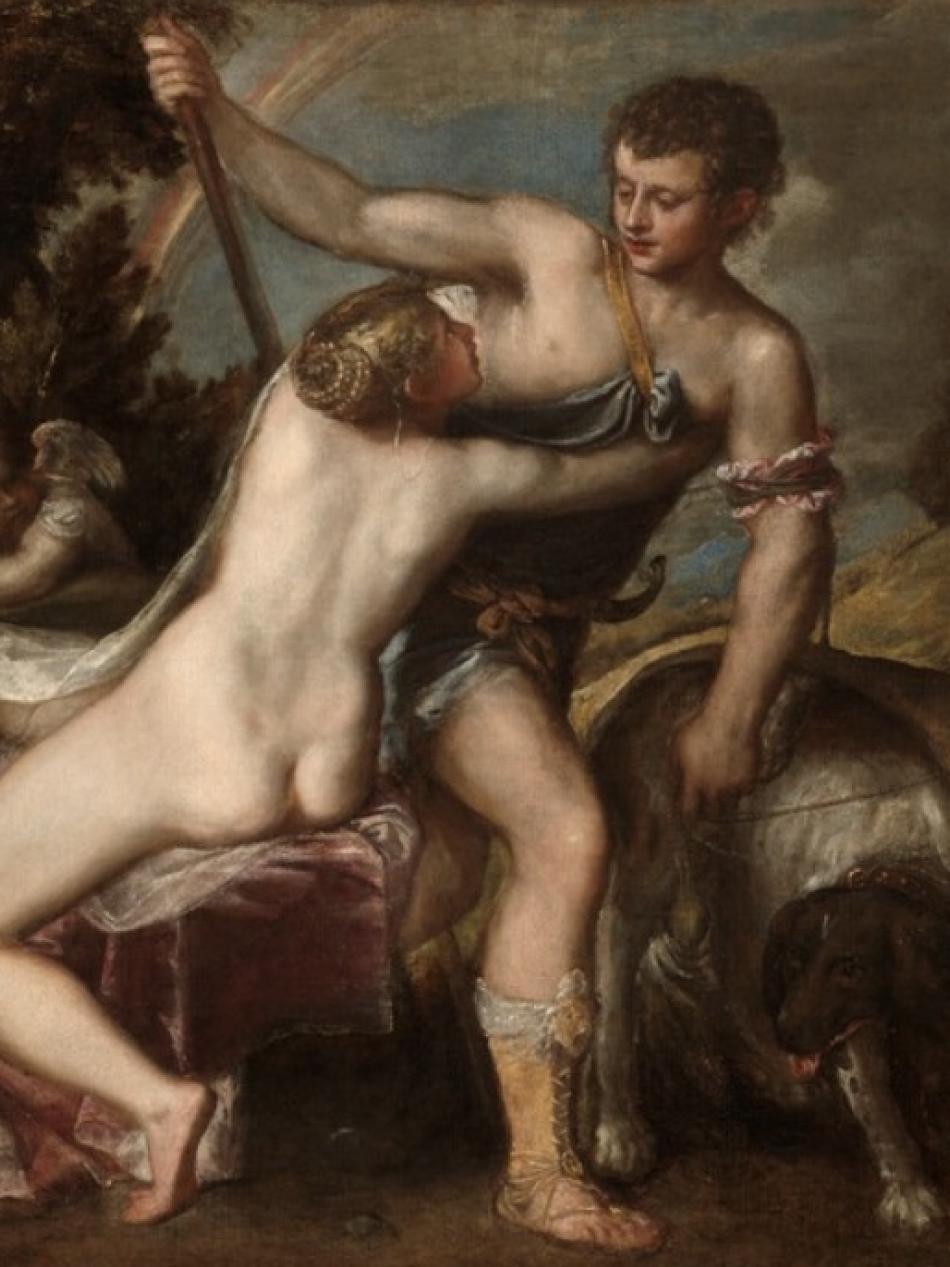 A unclothed woman holds on to a man. Her back is to us. A child figure is behind them to our left.