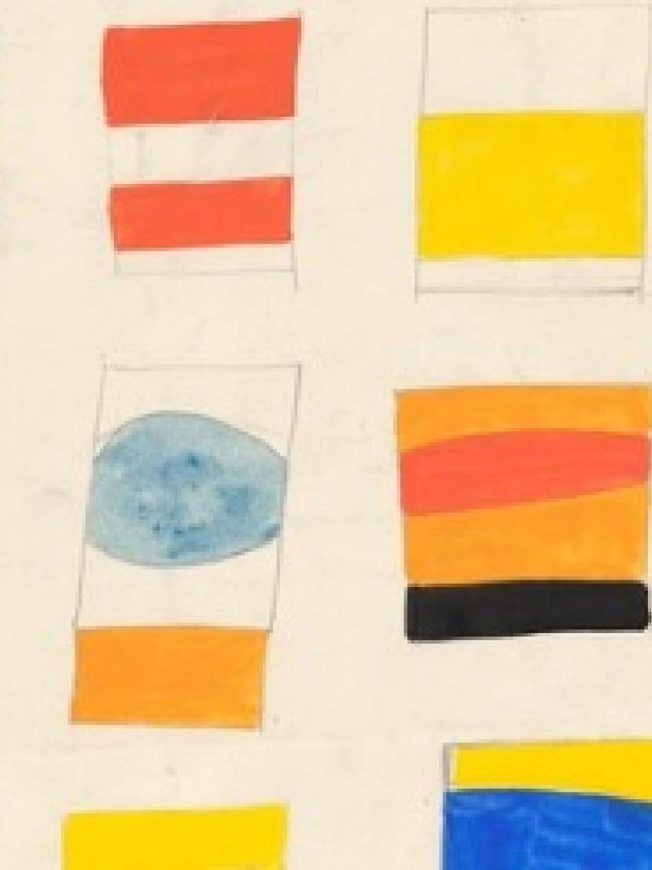 There are ten vertical rectangles. Each are made up of colorful stripes.