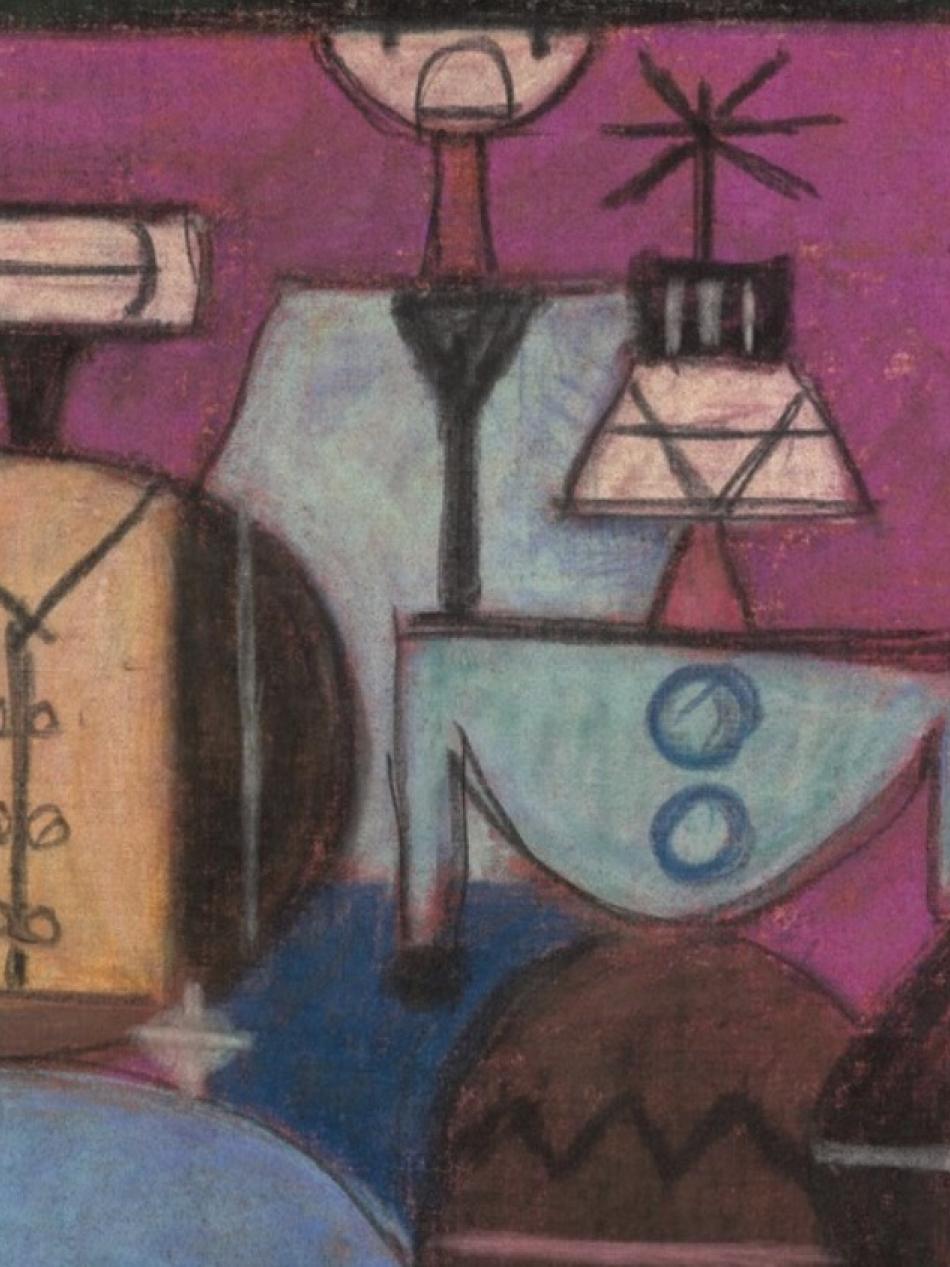 This abstracted illustration is of six characters with square shaped heads.