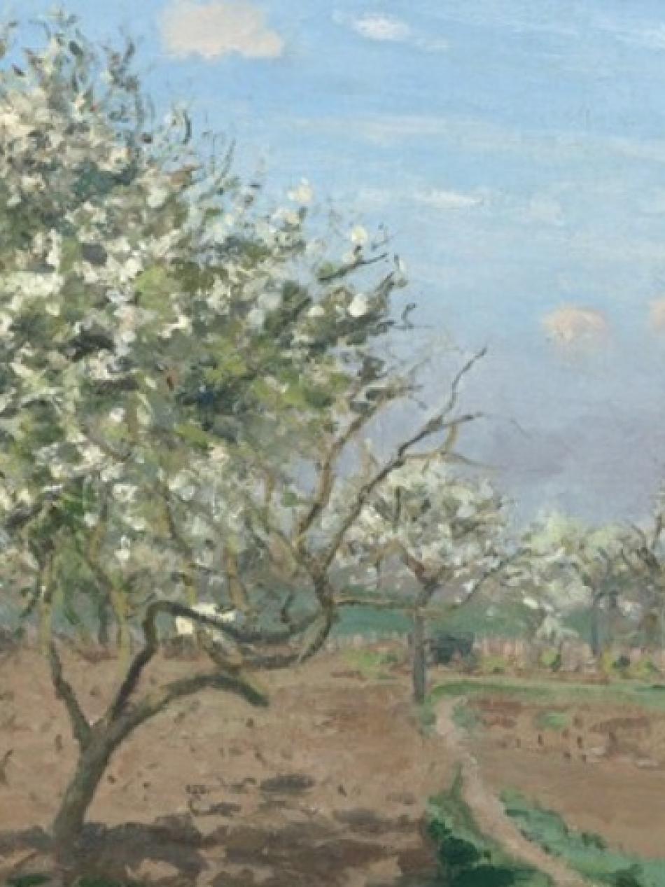In this painting of an orchard, there is a flowering tree on the left and a man walking on the right.