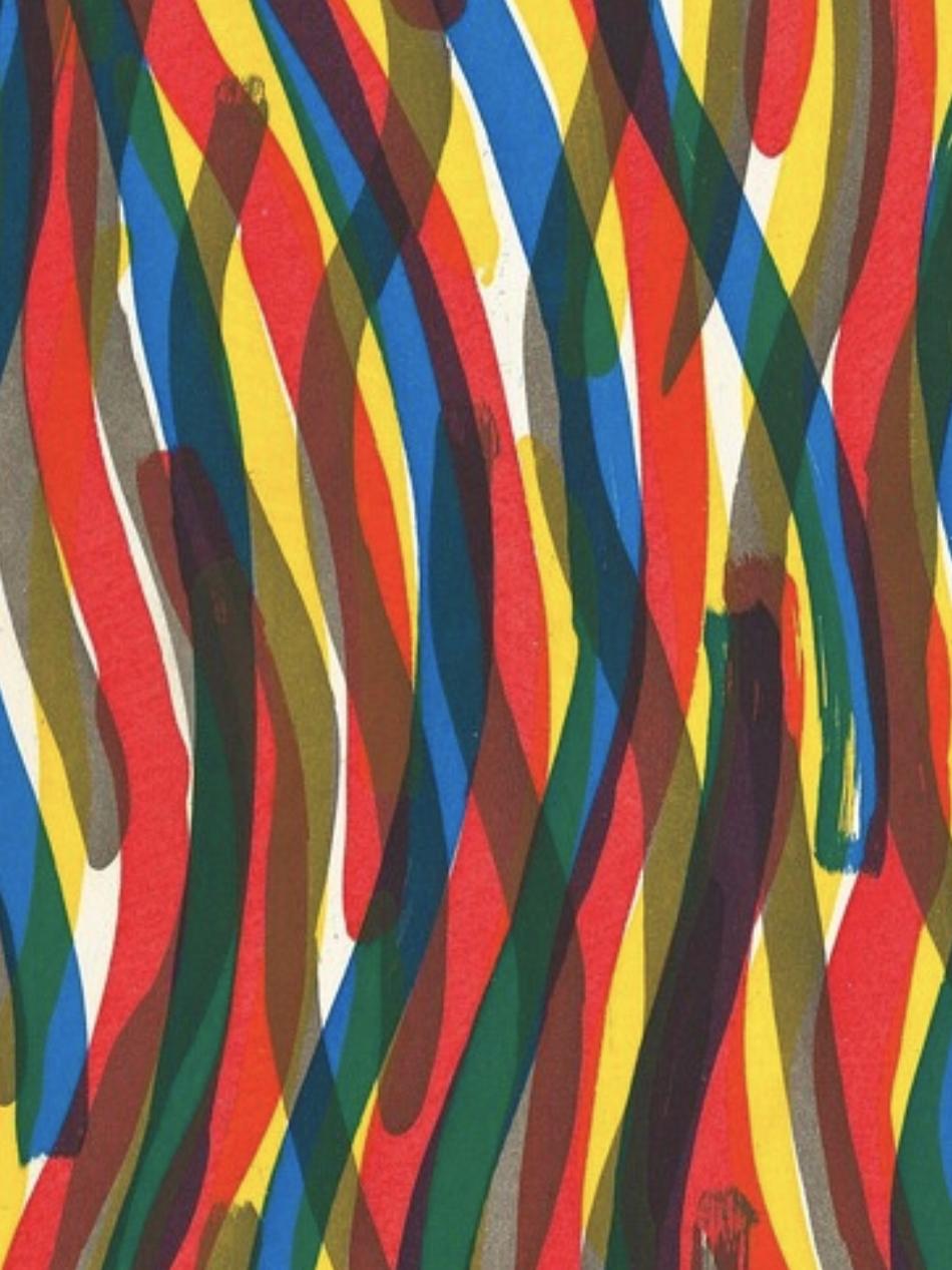 Multiple overlapping wavy lines run up and down this abstract image. They alternate colors including red, yellow, green, and blue.