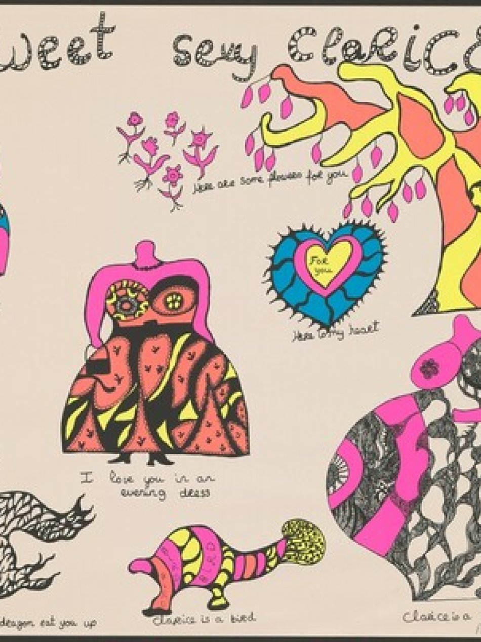 This set of colorful illustrations has a title Sweet Sexy Clarice at the top and smaller illustrations with captions like “you look so pretty in a bathing suit” and “Clarice is a tree’