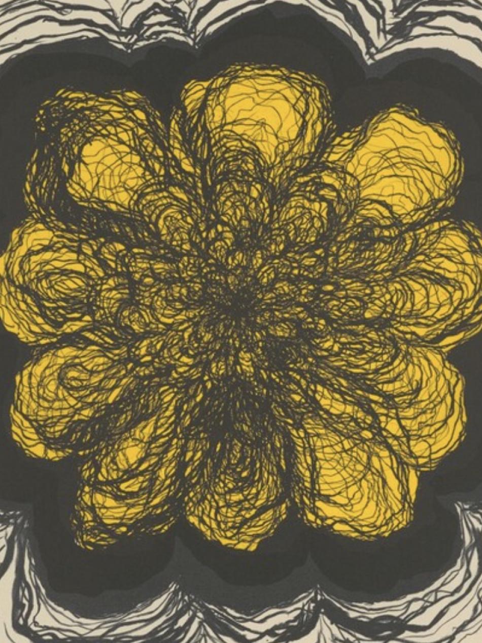 This is an abstract image with a yellow flower-like shape in the center surrounded by a heavy black line. There are multiple squiggly lines inside and outside the flower shape. 