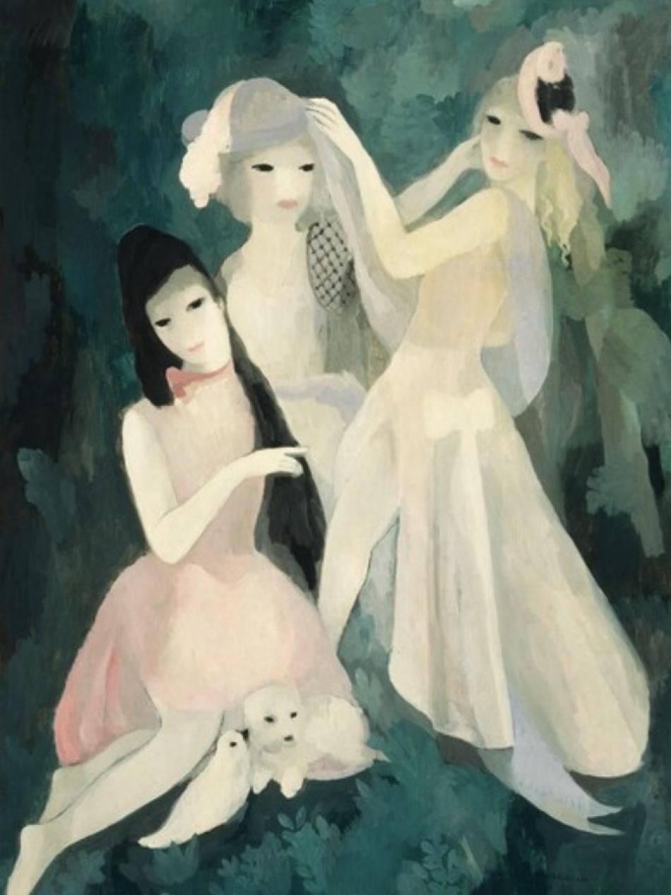 We see three women with pale skin standing in gowns.