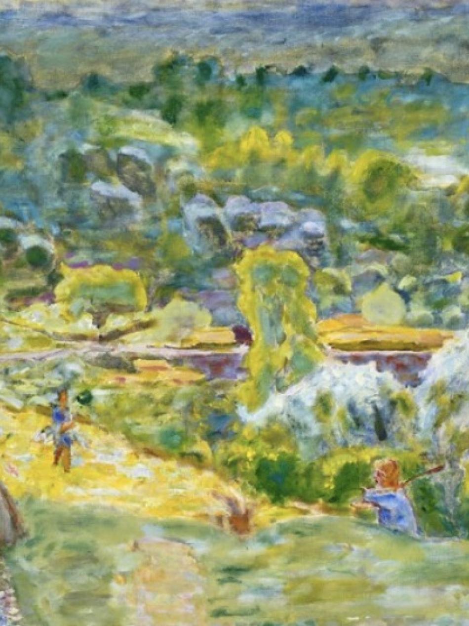 This is a painting of rolling green hills. There appear to be people in the landscape.