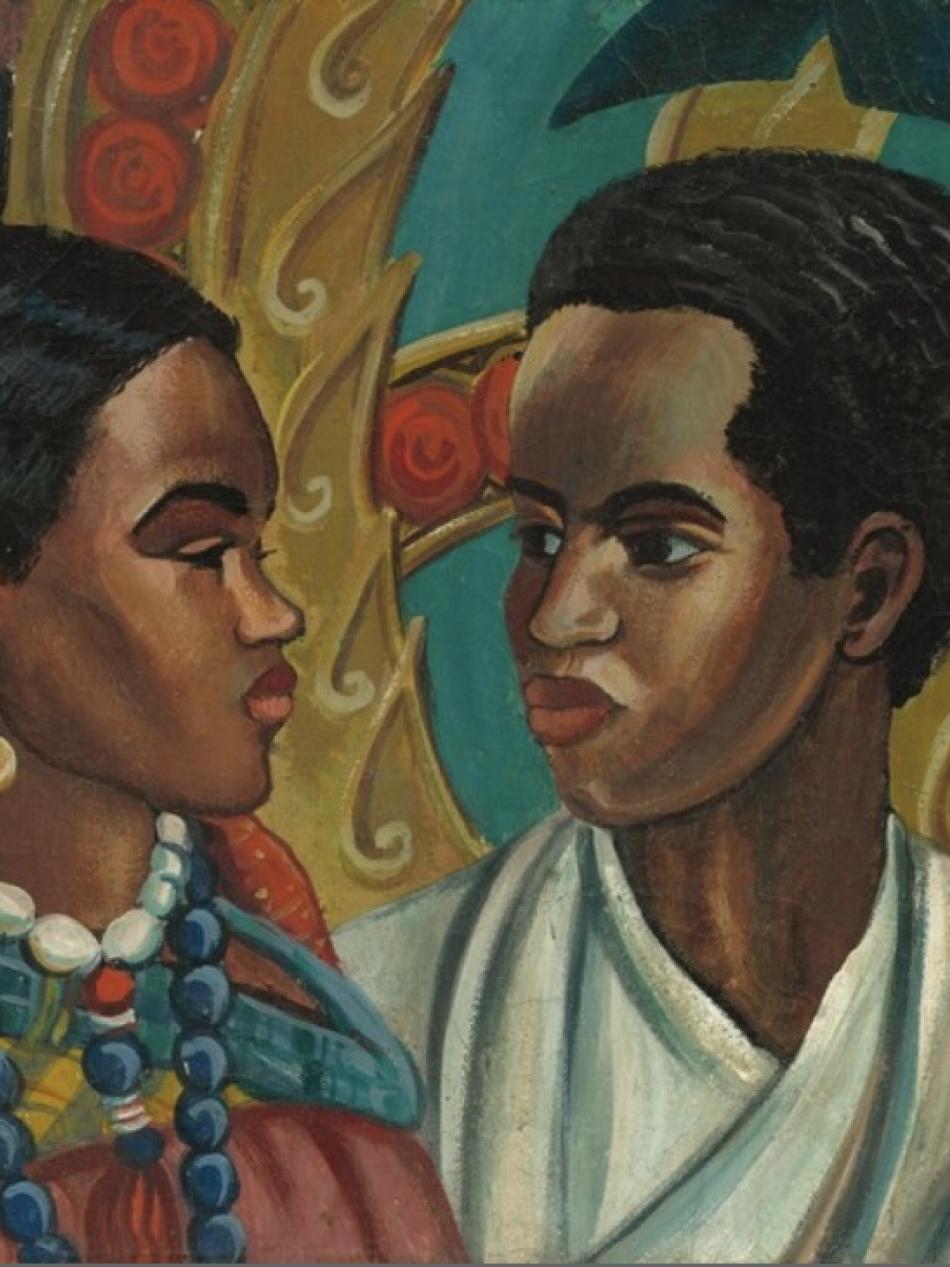 This is a painting of two Black people looking at each other.