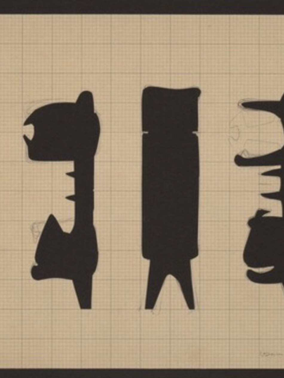 Four black abstract shapes are drawn on brown gridded paper. There is a black line around the edge.