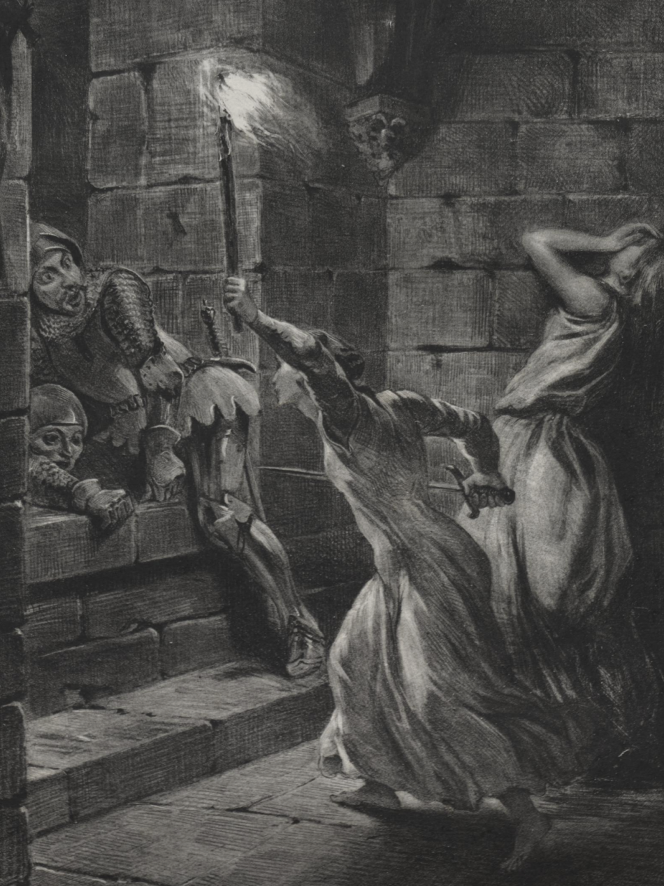 A woman charges at a soldier with a torch in one hand and a sword in the other. Another woman covers her face in the background.