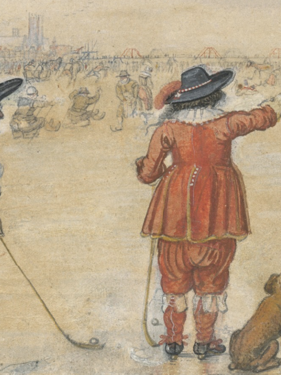 This painting depicts a festive scene on the ice. There are two men and a dog. All three with their backs to us.