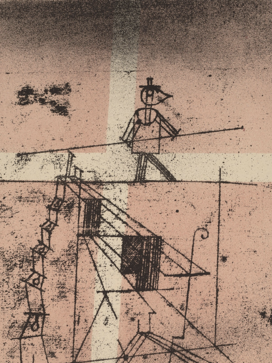 In this vertical drawing we see a tight rope walker on a rope holding a pole for balance. There is an abstract construction of lines below. The background is pink with white lines bisecting the image. 