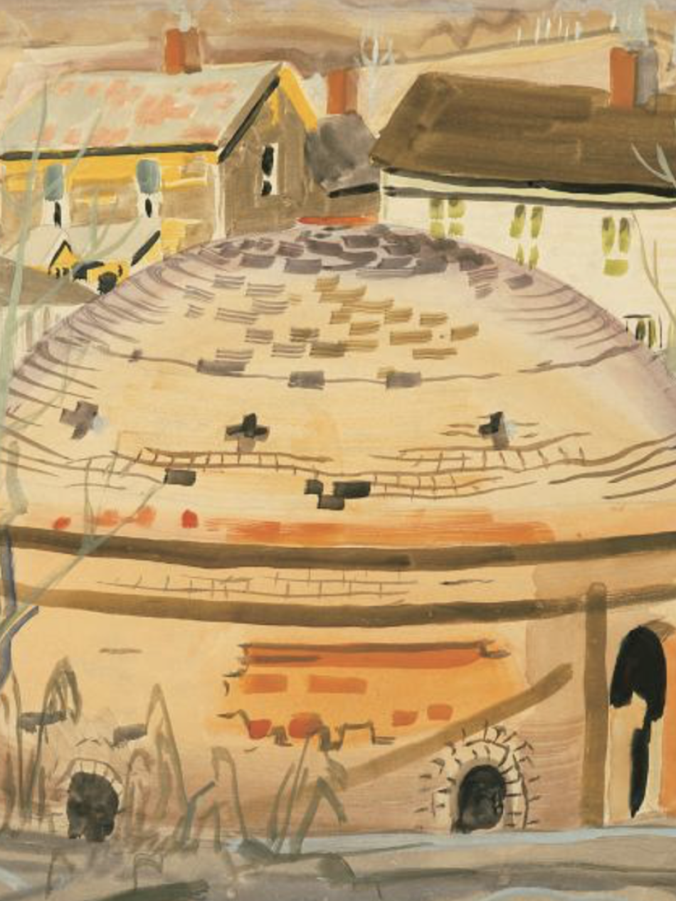 This is a painting of a hut with markings.