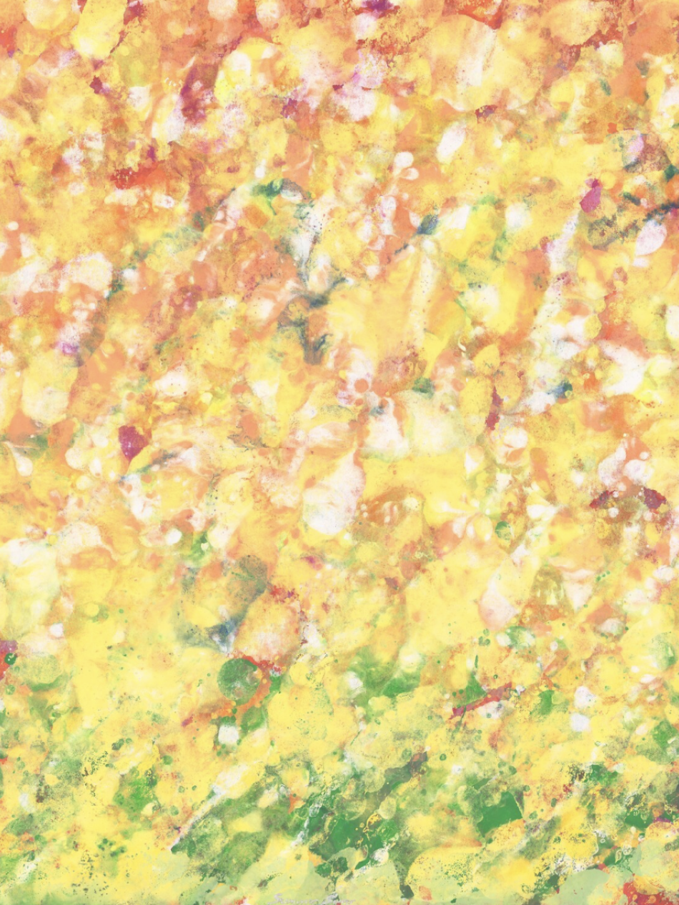 This abstract painting shows a yellow and red pattern at the top and yellow and green at the bottom.