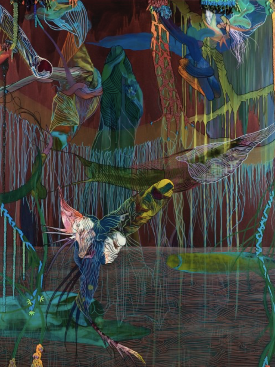 This is an abstract painting made from cloth. Natural shaped elements look like they are dripping from the canvas.